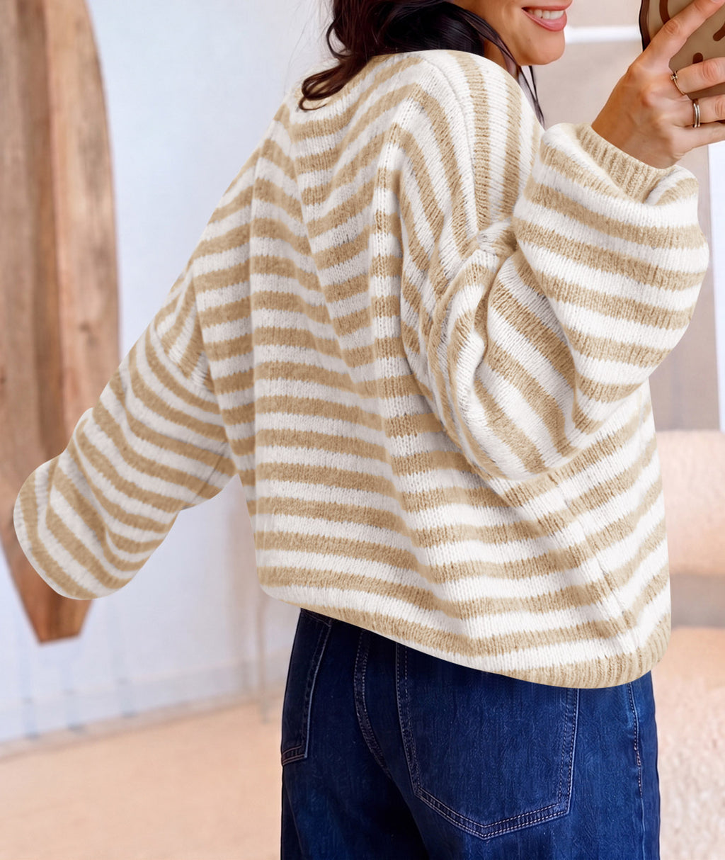 Saodimallsu Women Striped V-Neck Knit Cardigan Sweater