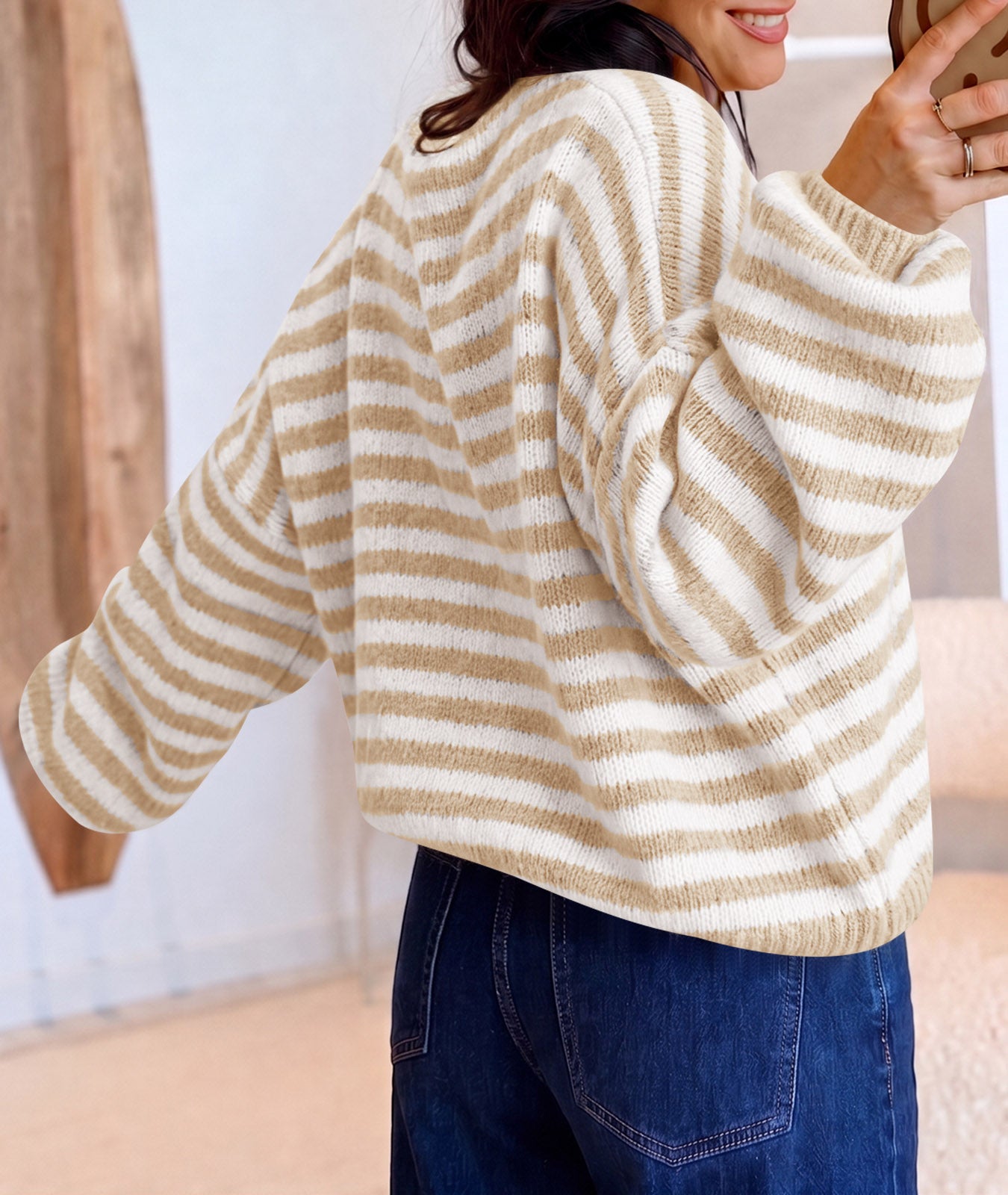Saodimallsu Women Striped V-Neck Knit Cardigan Sweater