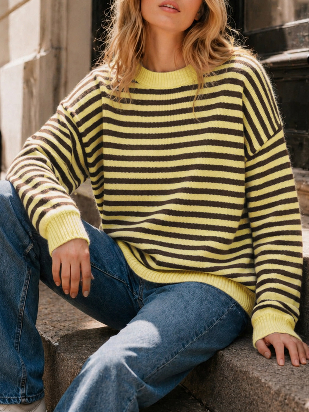 Saodimallsu Women Oversized Striped Crew Neck Pullover Sweater