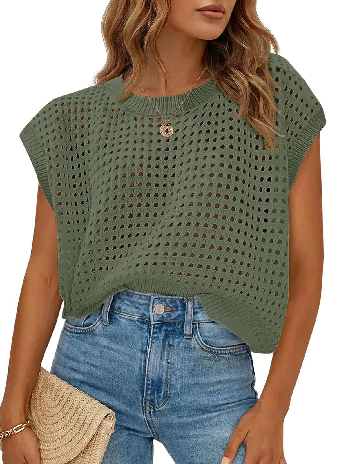 Saodimallsu Womens Summer Crochet Cap Sleeve Sweater Tops