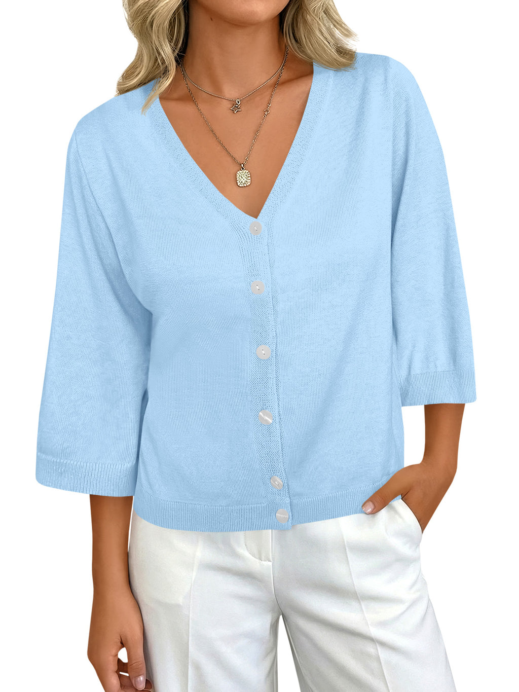 Womens Summer Lightweight V Neck Half Sleeve Knit Cardigans