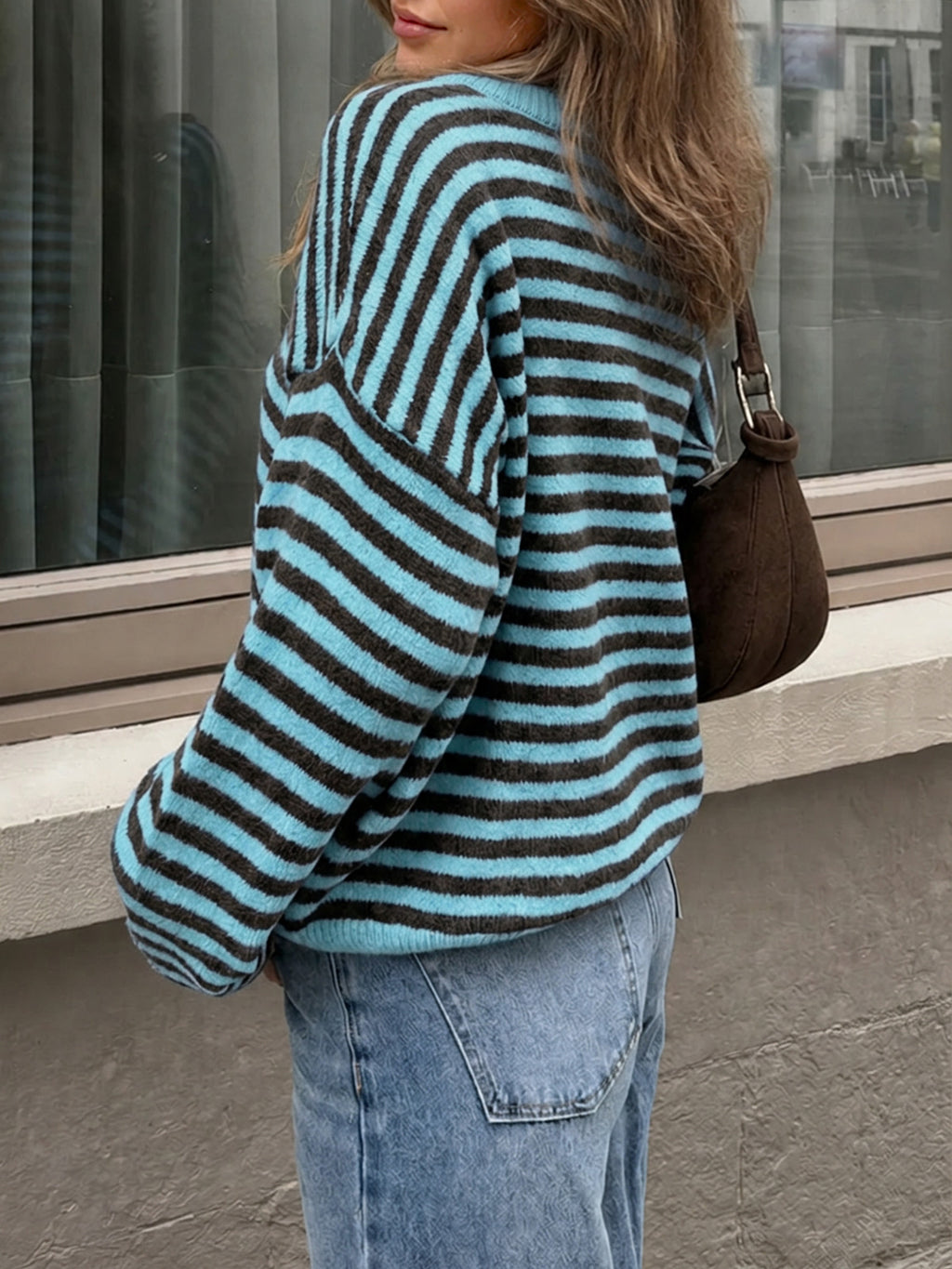 Saodimallsu Women Oversized Striped Crew Neck Pullover Sweater