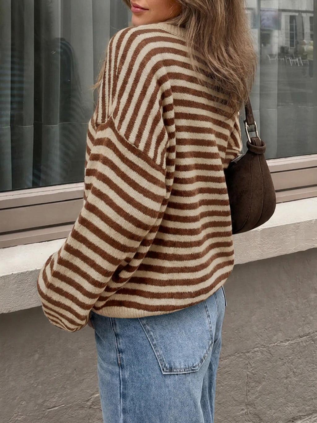 Saodimallsu Women Oversized Striped Crew Neck Pullover Sweater