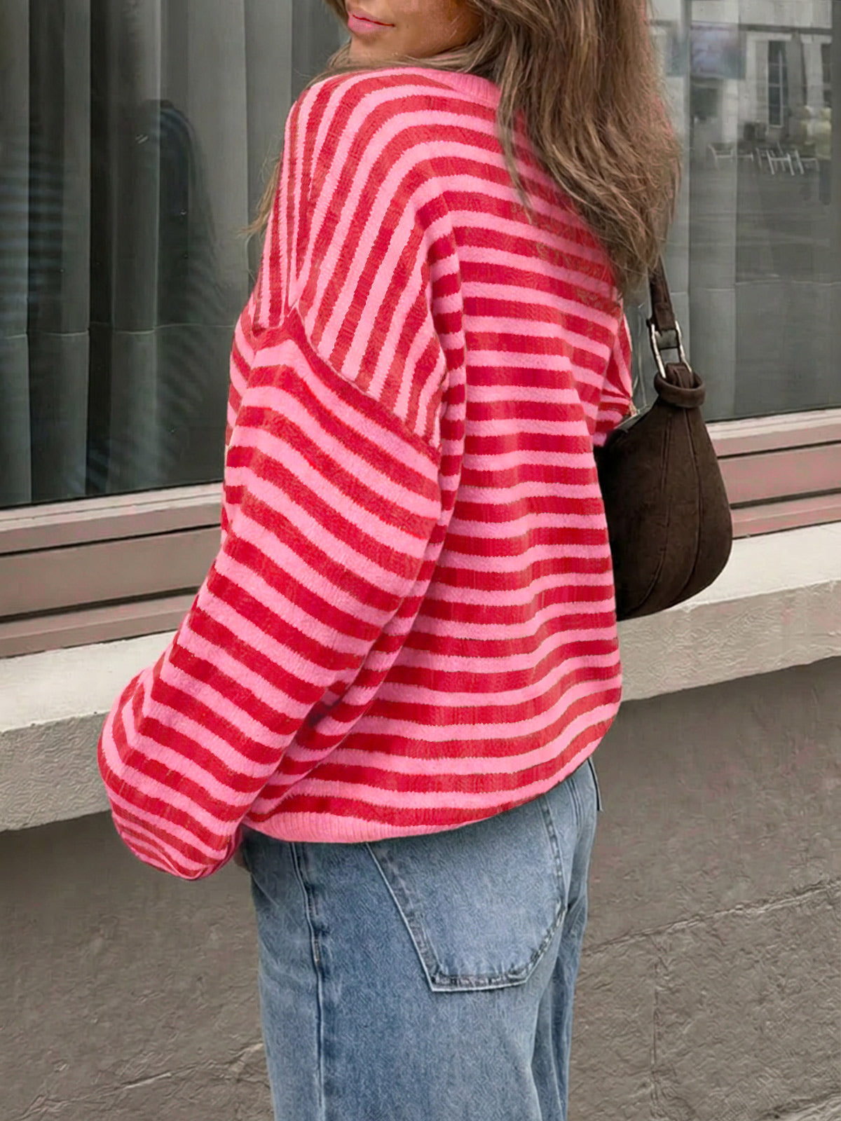 Saodimallsu Women Oversized Striped Crew Neck Pullover Sweater