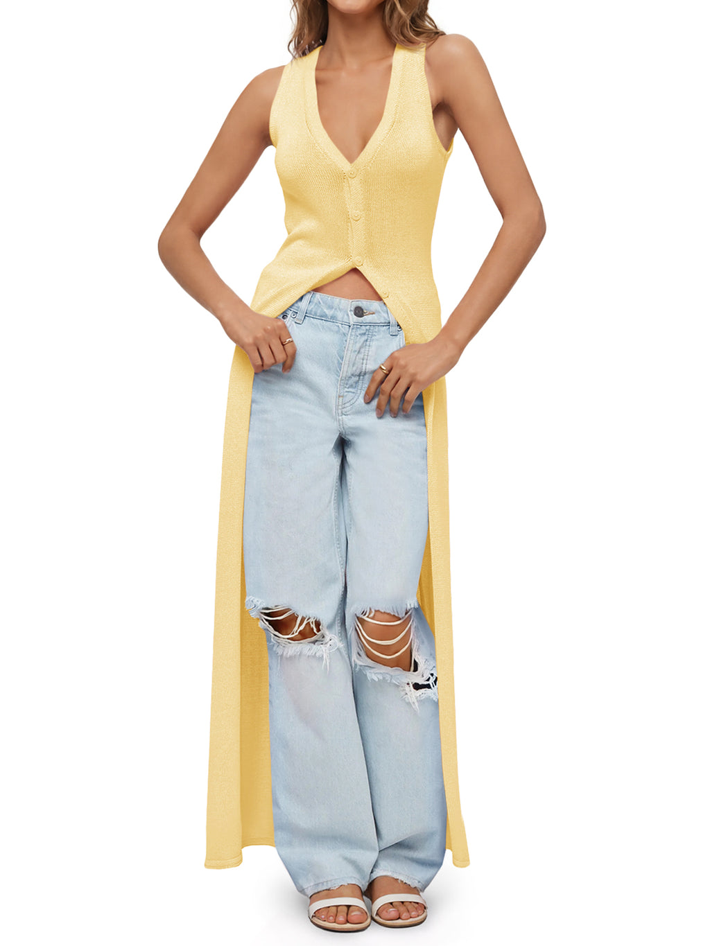 Saodimallsu Womens Sleeveless V Neck Long Cardigans