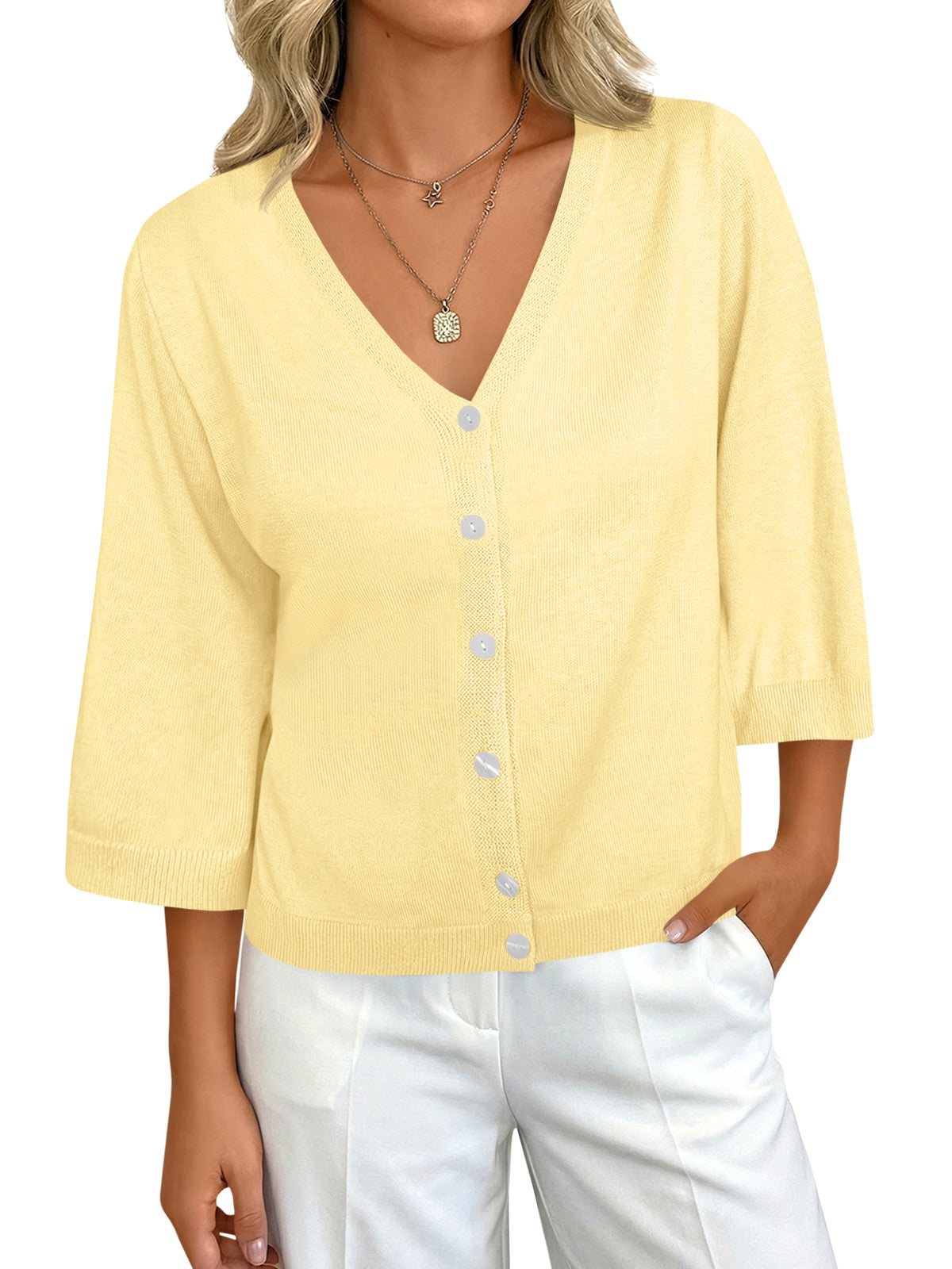 Womens Summer Lightweight V Neck Half Sleeve Knit Cardigans