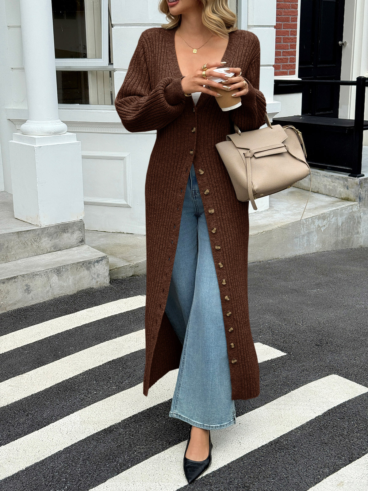 Saodimallsu Brown Womens V Neck Cardigan