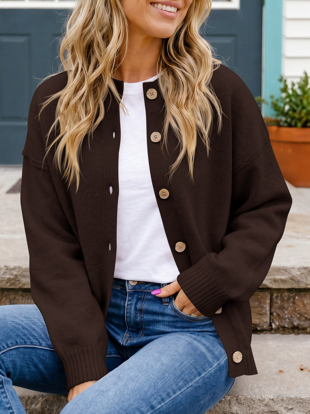 Saodimallsu Women Button-Up Knit Cardigan with Pockets
