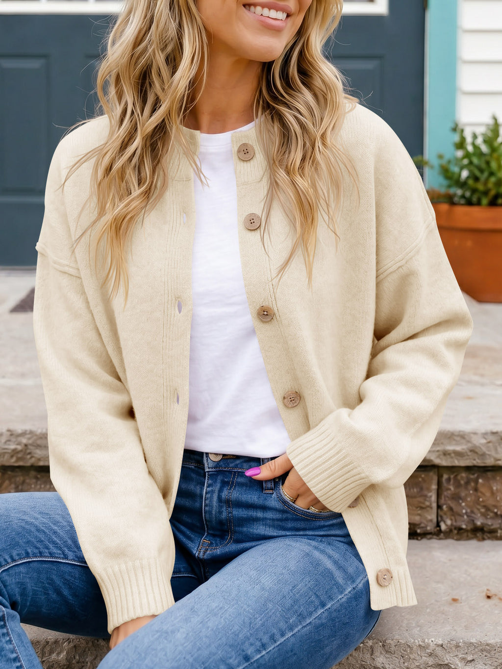 Saodimallsu Women Button-Up Knit Cardigan with Pockets
