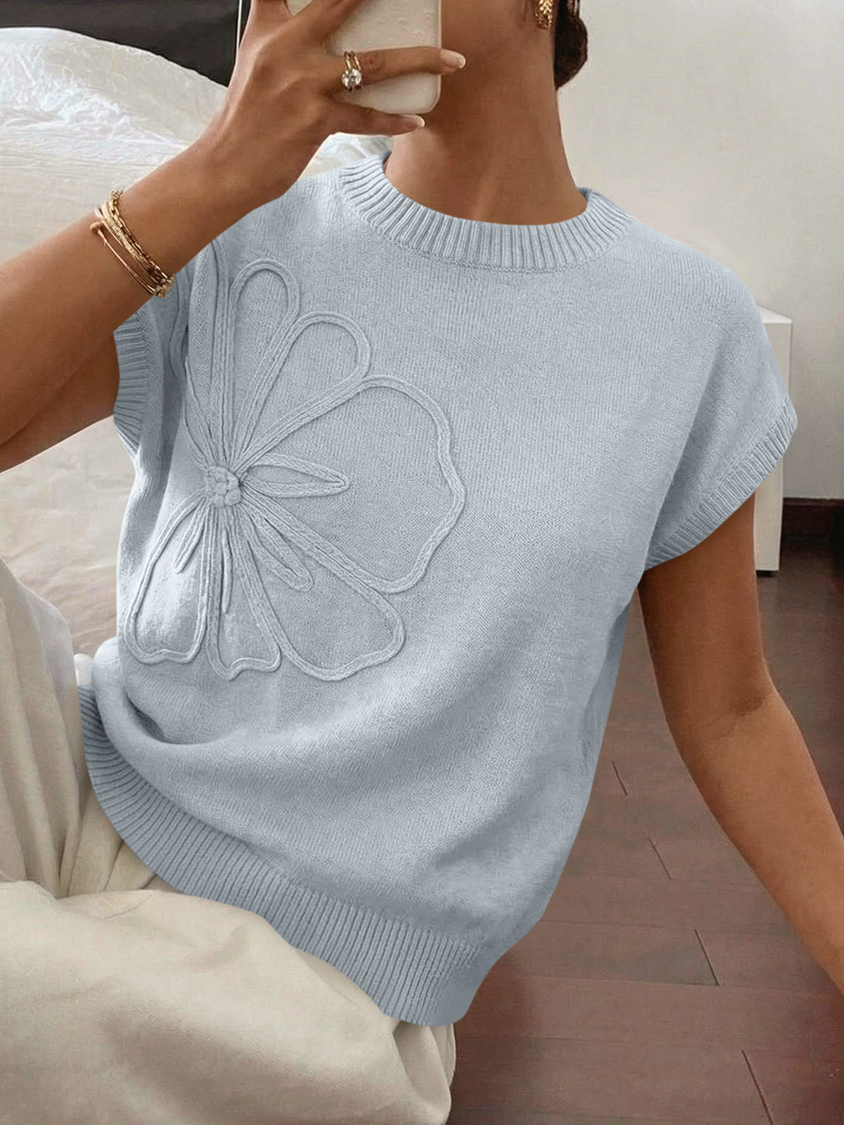Saodimallsu Womens Short Sleeve Trendy Floral Pullover Sweaters