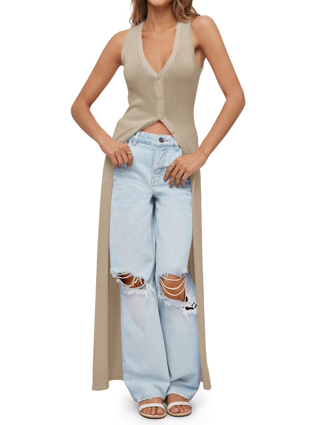 Saodimallsu Womens Sleeveless V Neck Long Cardigans