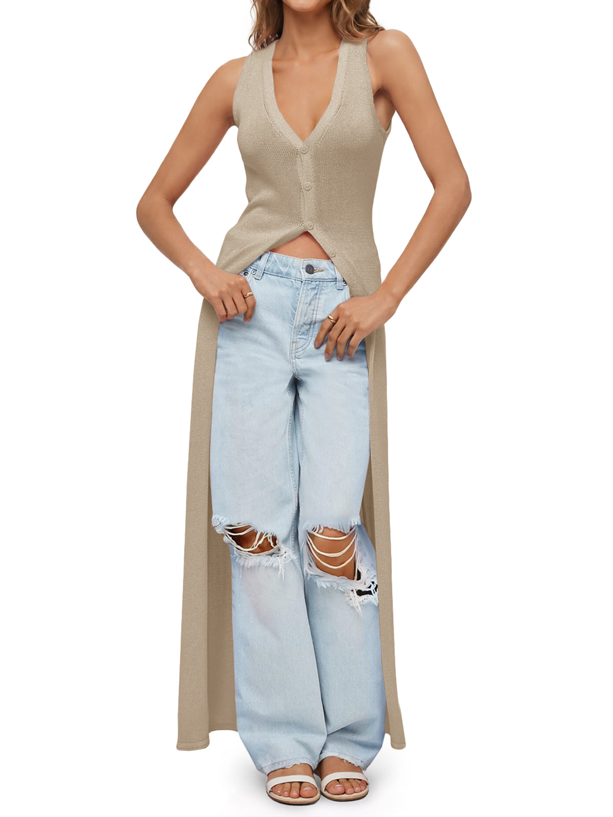 Saodimallsu Womens Sleeveless V Neck Long Cardigans