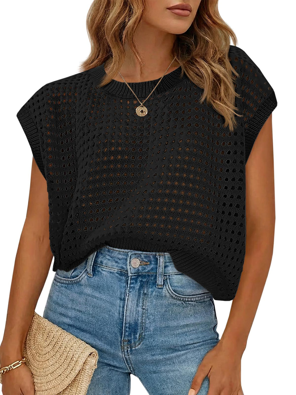 Saodimallsu Womens Summer Crochet Cap Sleeve Sweater Tops