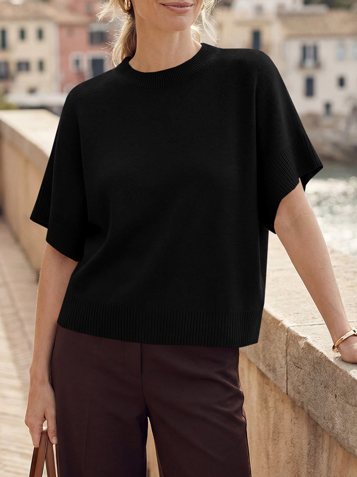 Saodimallsu Womens Short Sleeve Crew Neck Knit Sweater
