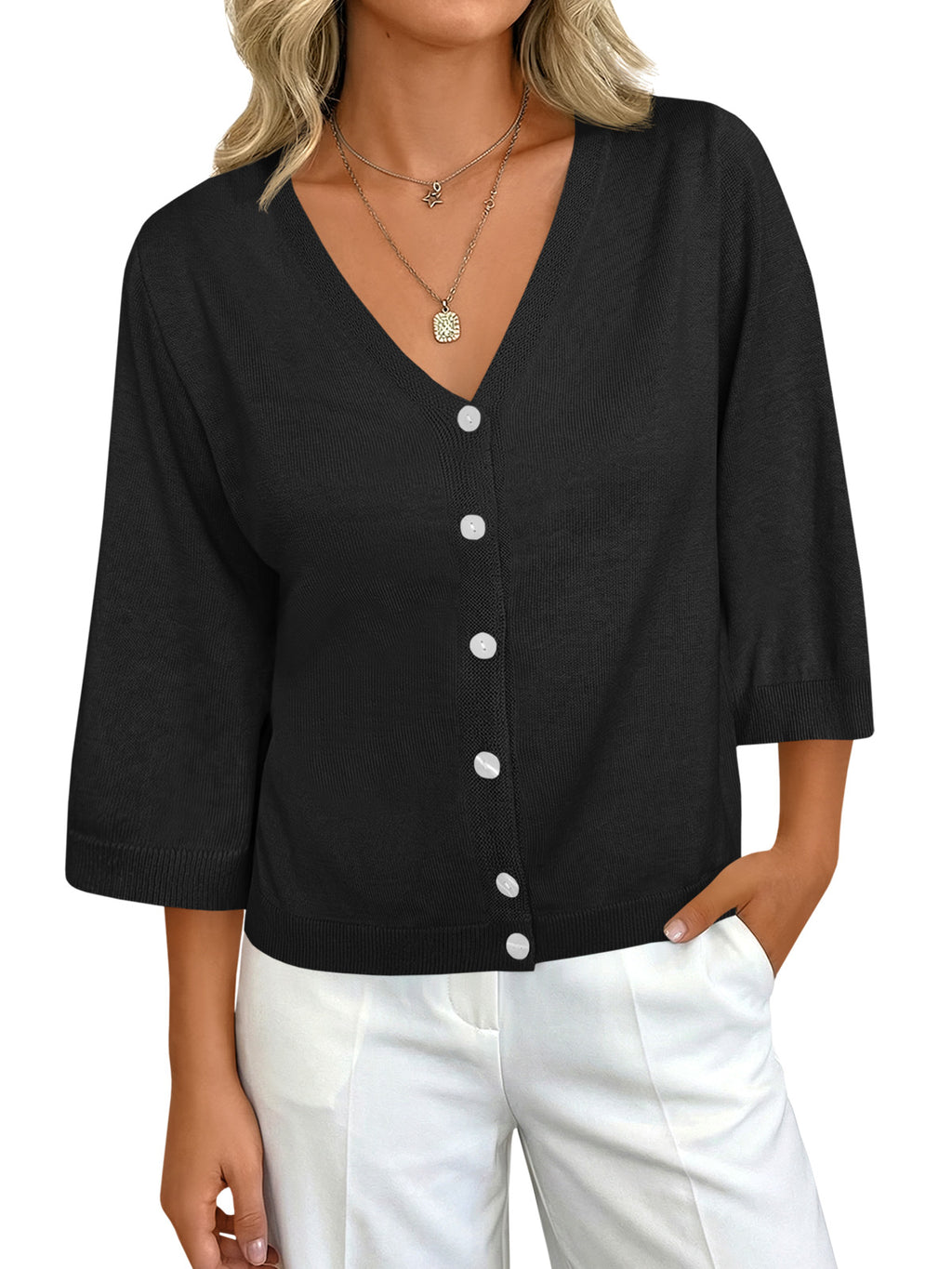 Womens Summer Lightweight V Neck Half Sleeve Knit Cardigans