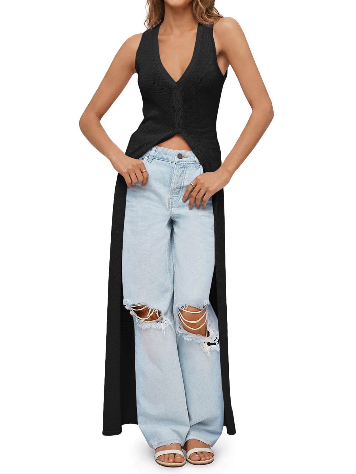 Saodimallsu Womens Sleeveless V Neck Long Cardigans