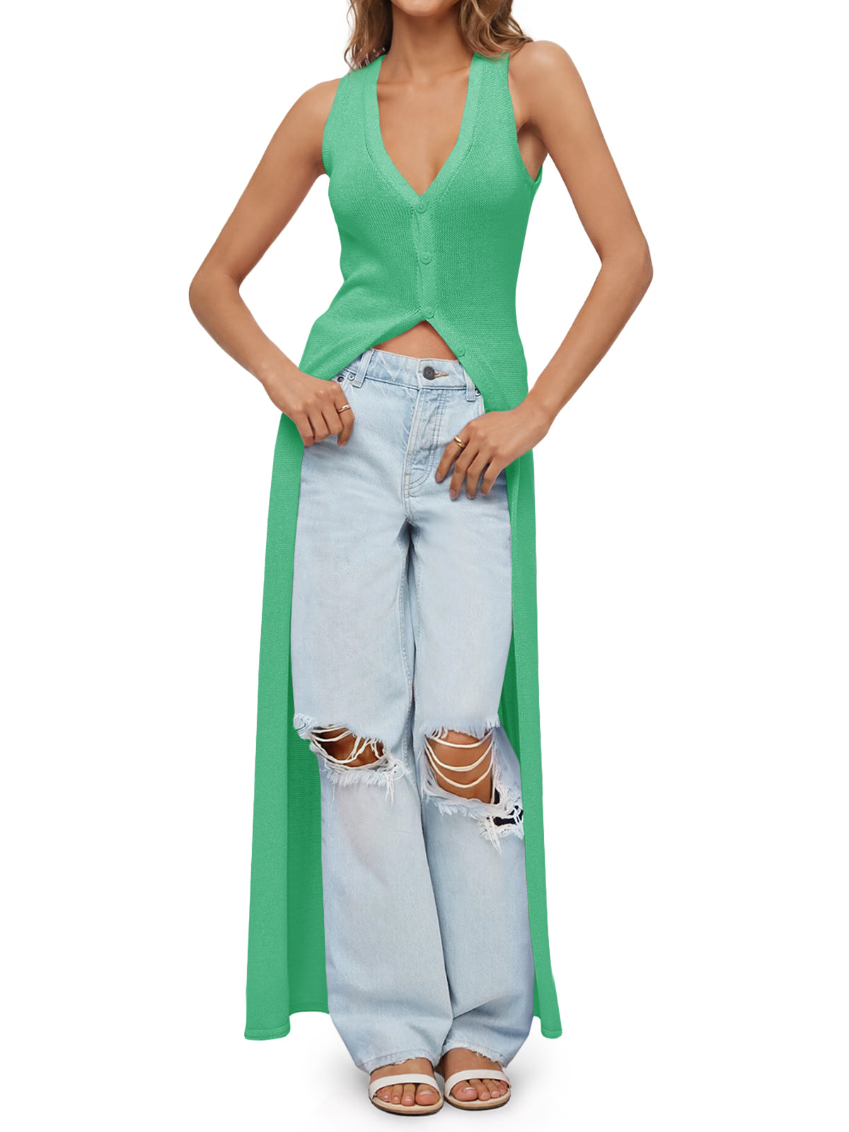 Saodimallsu Womens Sleeveless V Neck Long Cardigans