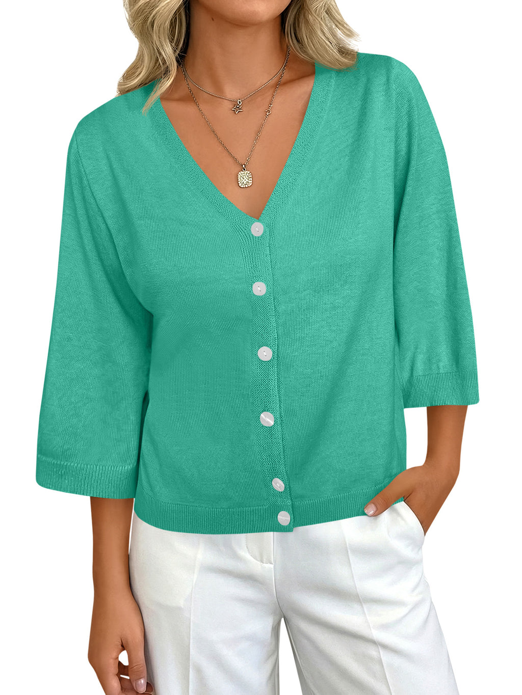 Womens Summer Lightweight V Neck Half Sleeve Knit Cardigans