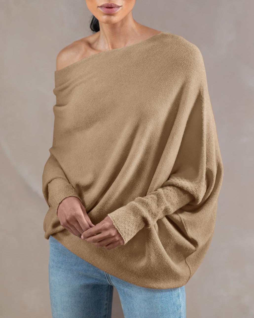 Saodimallsu Womens Boat Neck Oversized Knit Sweater
