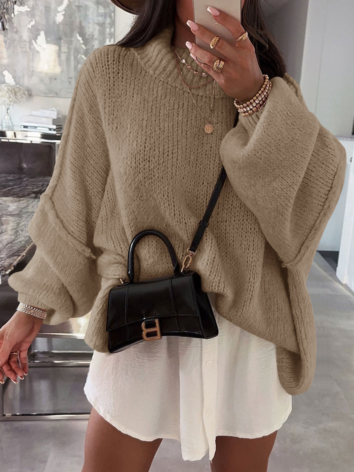 Saodimallsu Womens Mock Neck Batwing Sweater