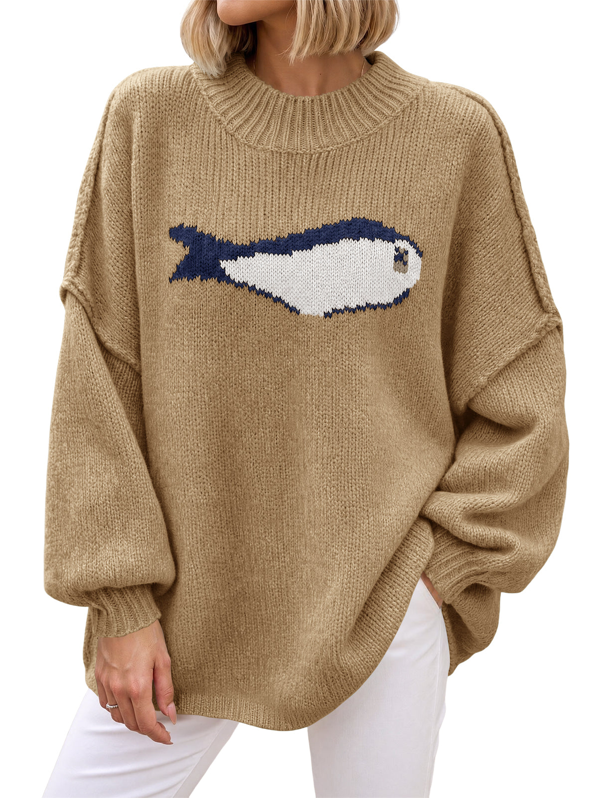 Saodimallsu Womens Fish Graphic Oversized Sweater