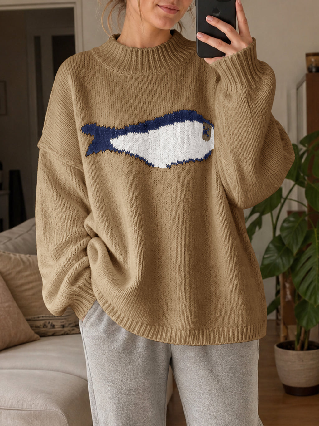 Saodimallsu Womens Fish Graphic Oversized Sweater