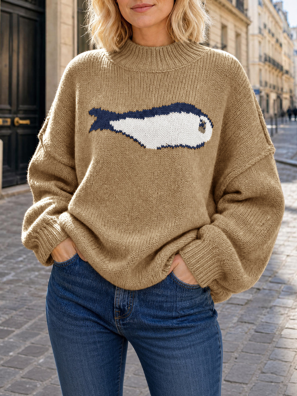 Saodimallsu Womens Fish Graphic Oversized Sweater