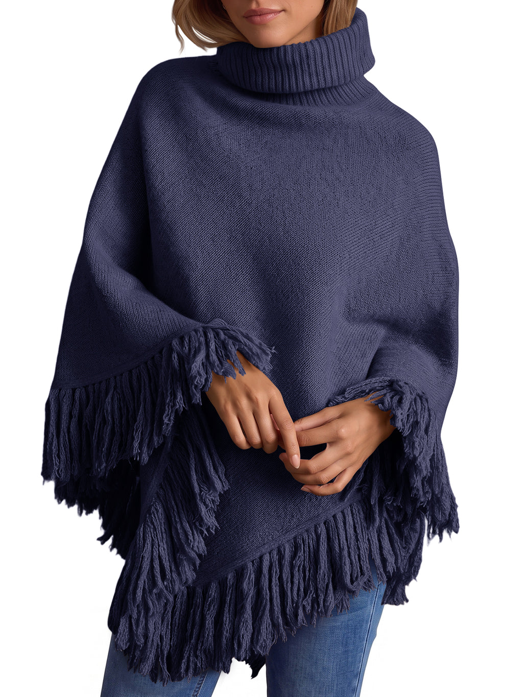 Saodimallsu Womens Fringe Turtleneck Poncho Sweater