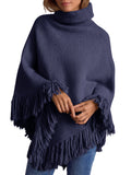 Saodimallsu Womens Fringe Turtleneck Poncho Sweater