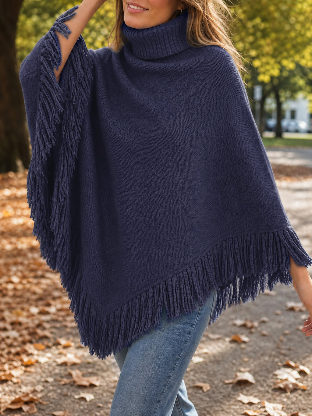 Saodimallsu Womens Fringe Turtleneck Poncho Sweater