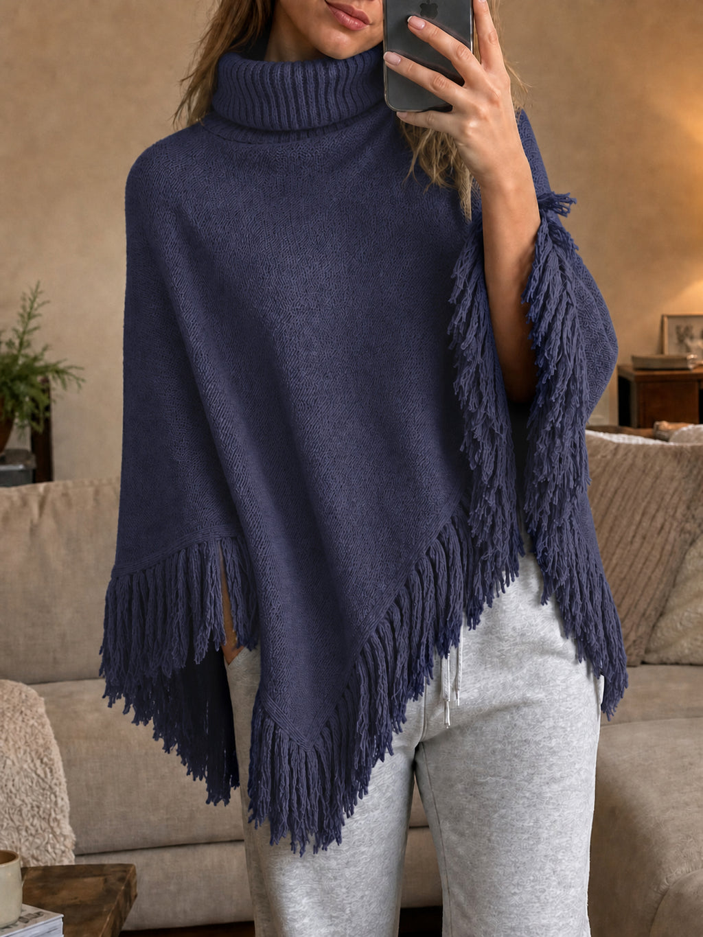 Saodimallsu Womens Fringe Turtleneck Poncho Sweater