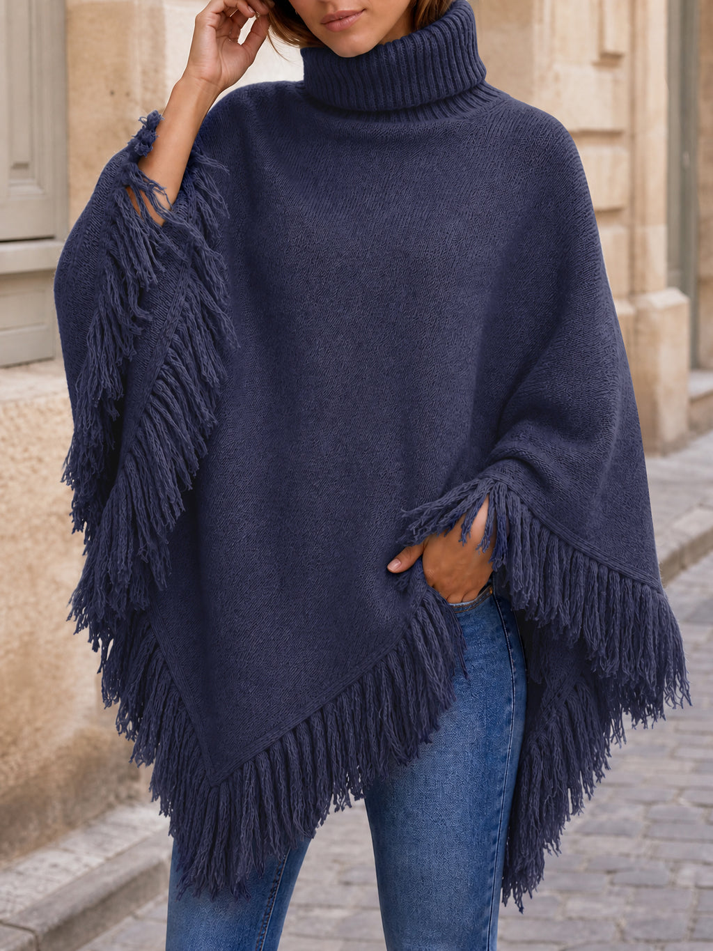 Saodimallsu Womens Fringe Turtleneck Poncho Sweater
