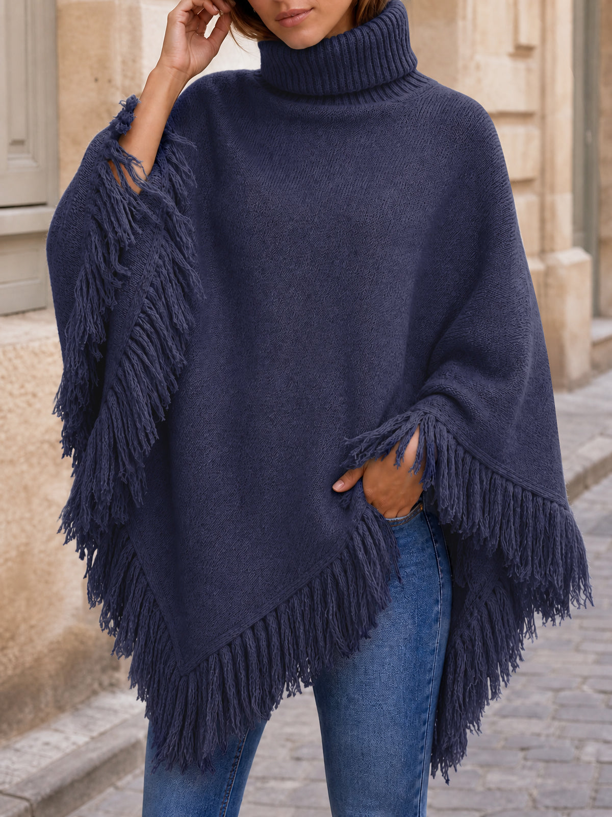 Saodimallsu Womens Fringe Turtleneck Poncho Sweater