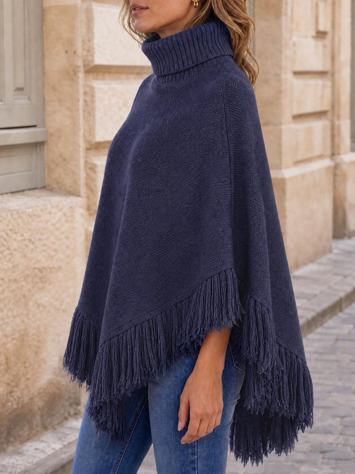 Saodimallsu Womens Fringe Turtleneck Poncho Sweater