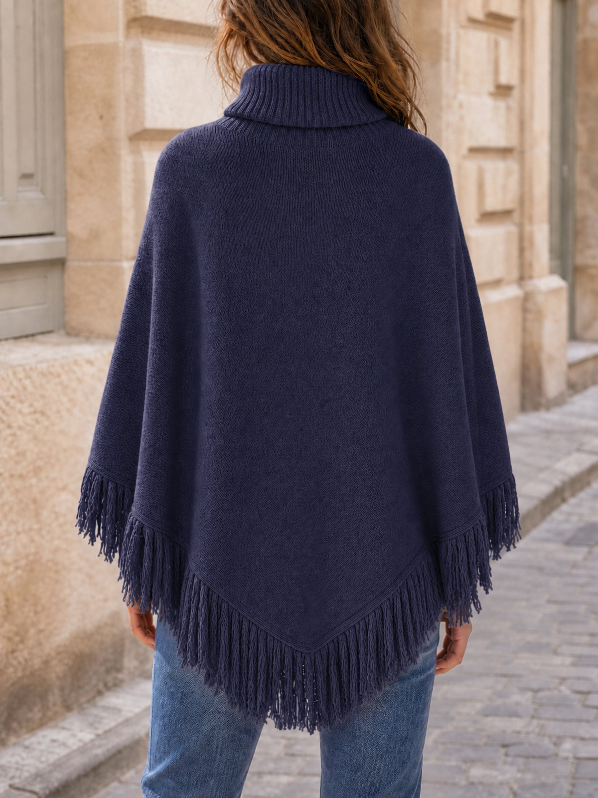 Saodimallsu Womens Fringe Turtleneck Poncho Sweater