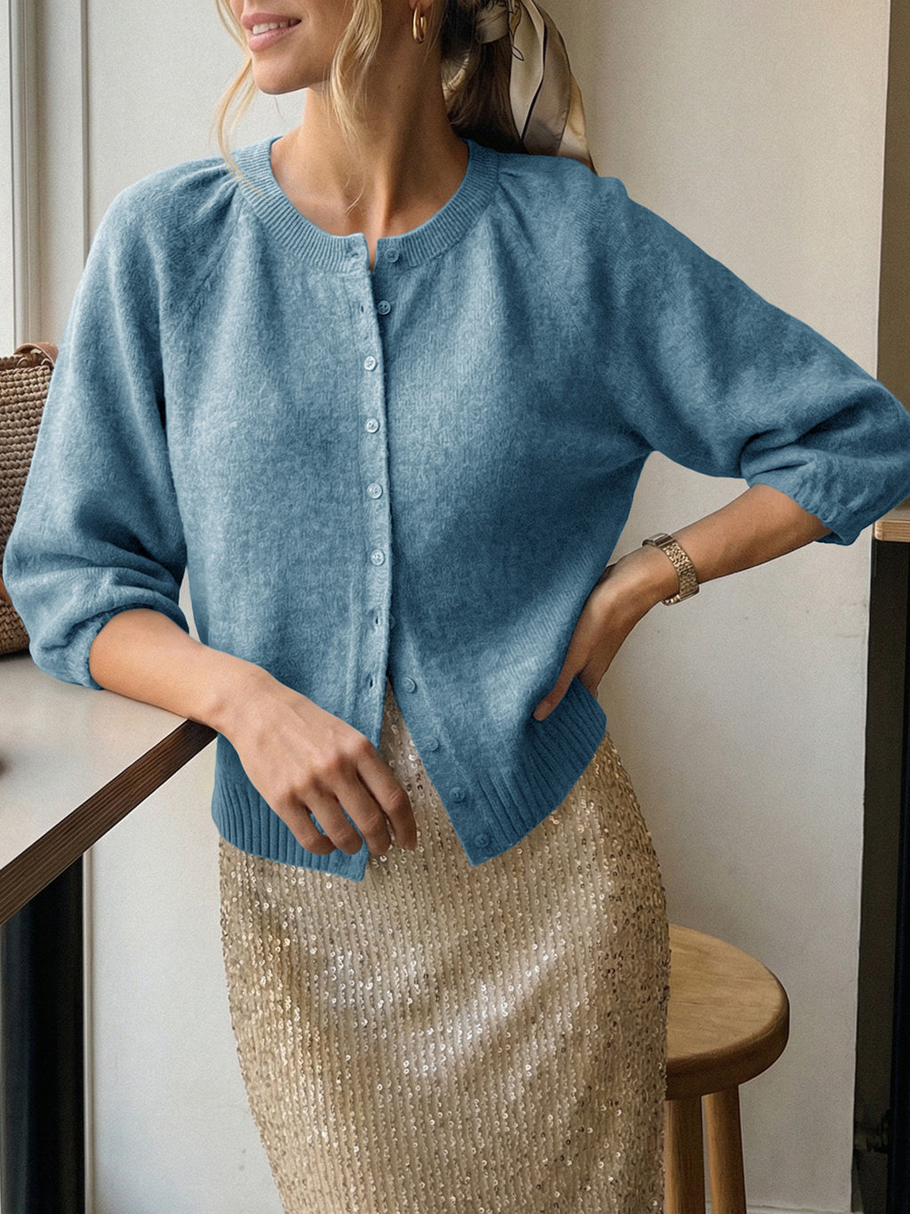 Saodimallsu Womens Puff Sleeve Knit Cardigan