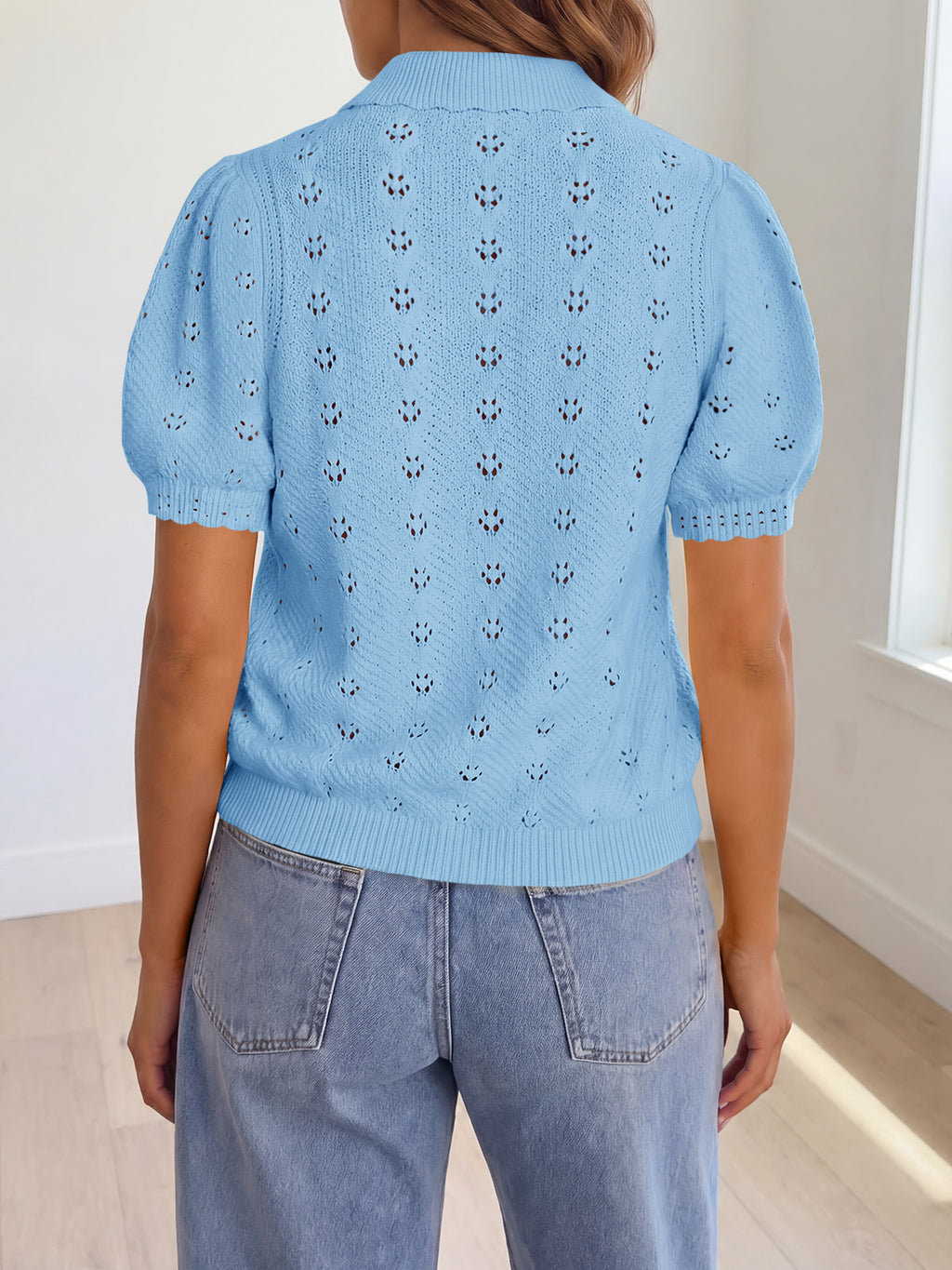 Saodimallsu Women Crochet Puff Sleeve Cardigan