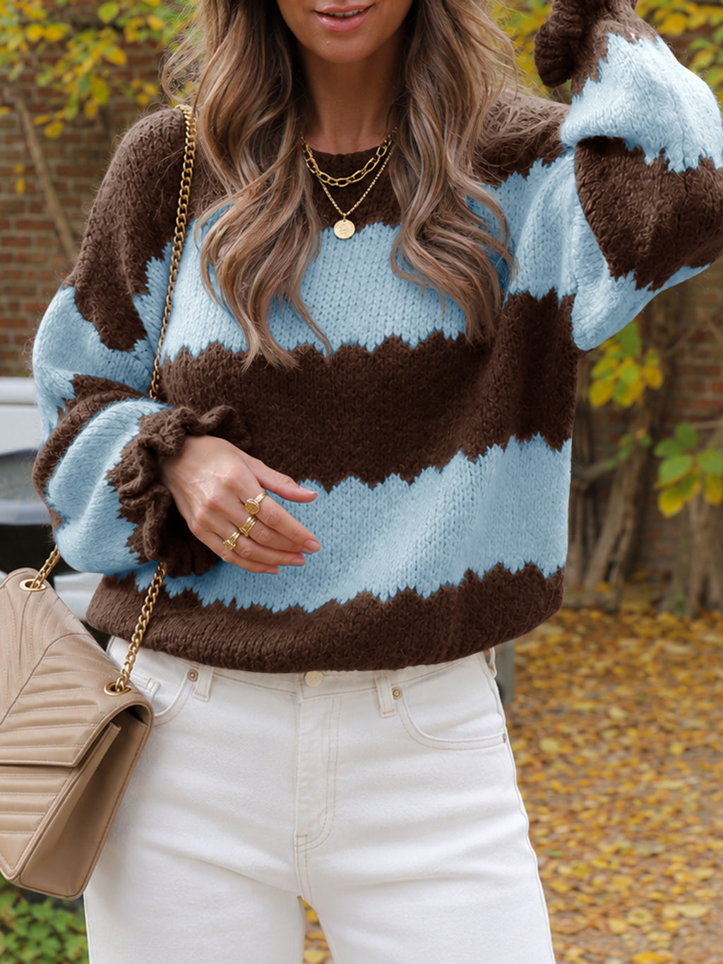 Saodimallsu Womens Striped Color Block Ruffle Sweaters