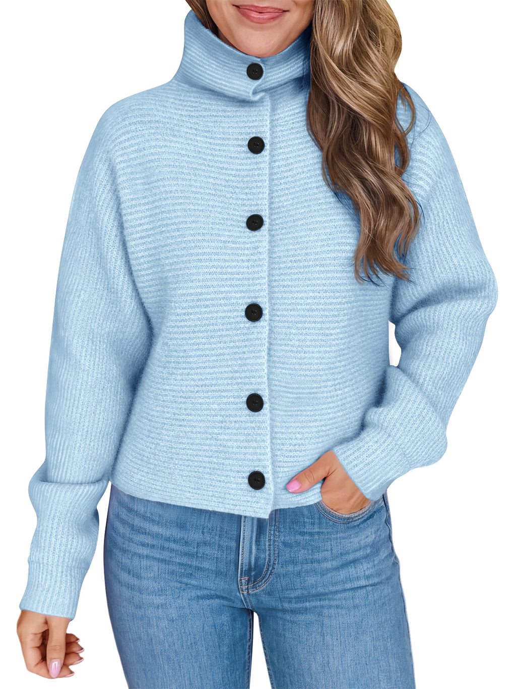Saodimallsu Womens Mock Neck Button Cardigan