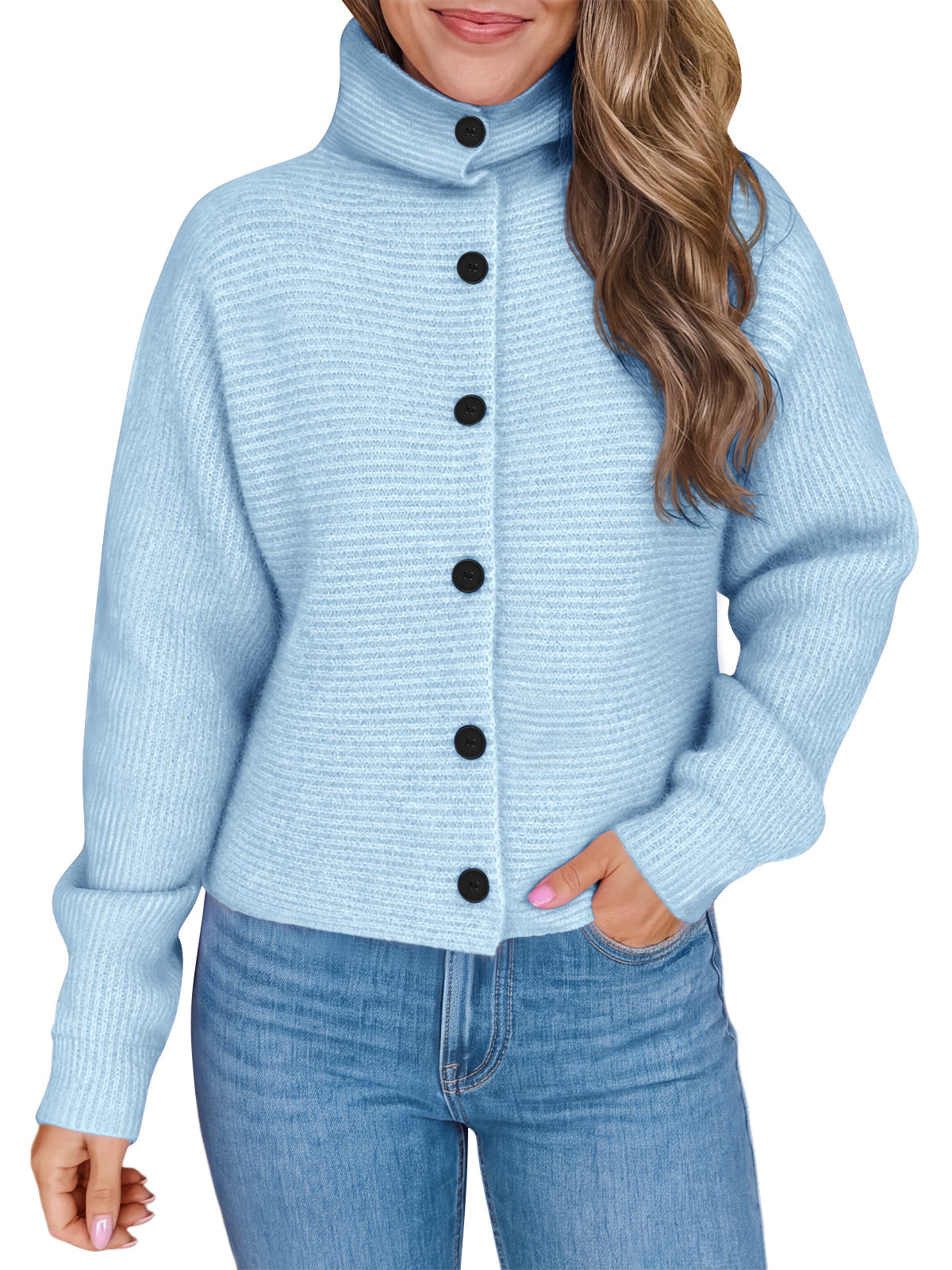 Saodimallsu Womens Mock Neck Button Cardigan