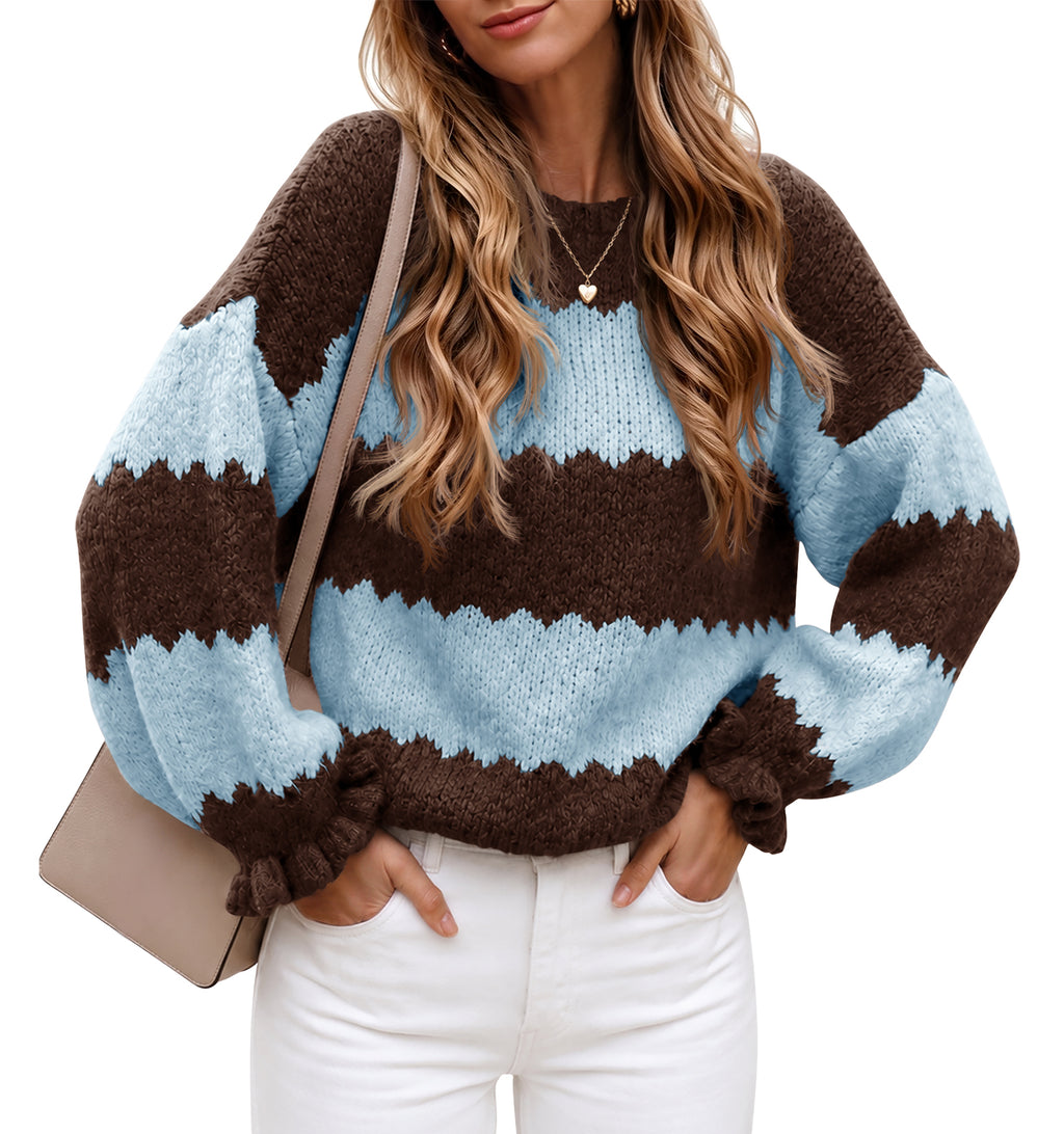 Saodimallsu Womens Striped Color Block Ruffle Sweaters