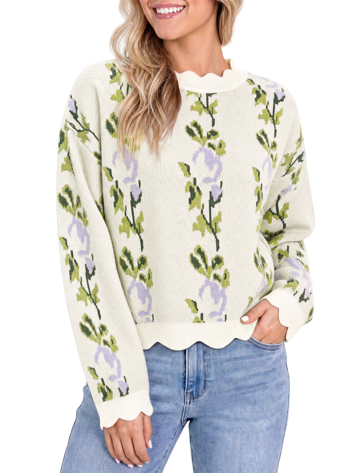 Saodimallsu Women Floral Long Sleeve Sweater