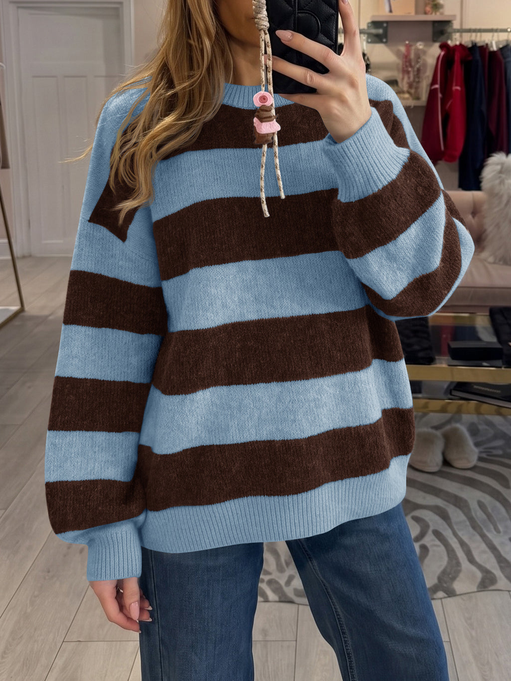 Saodimallsu Womens Oversized Striped Knit Block Sweaters