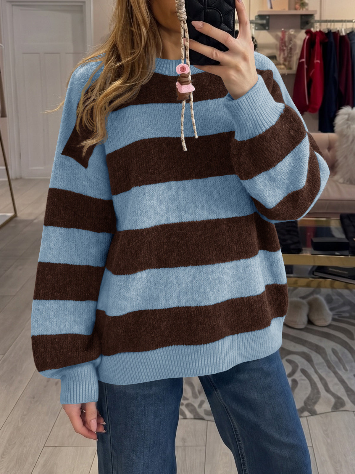 Saodimallsu Womens Oversized Striped Knit Block Sweaters