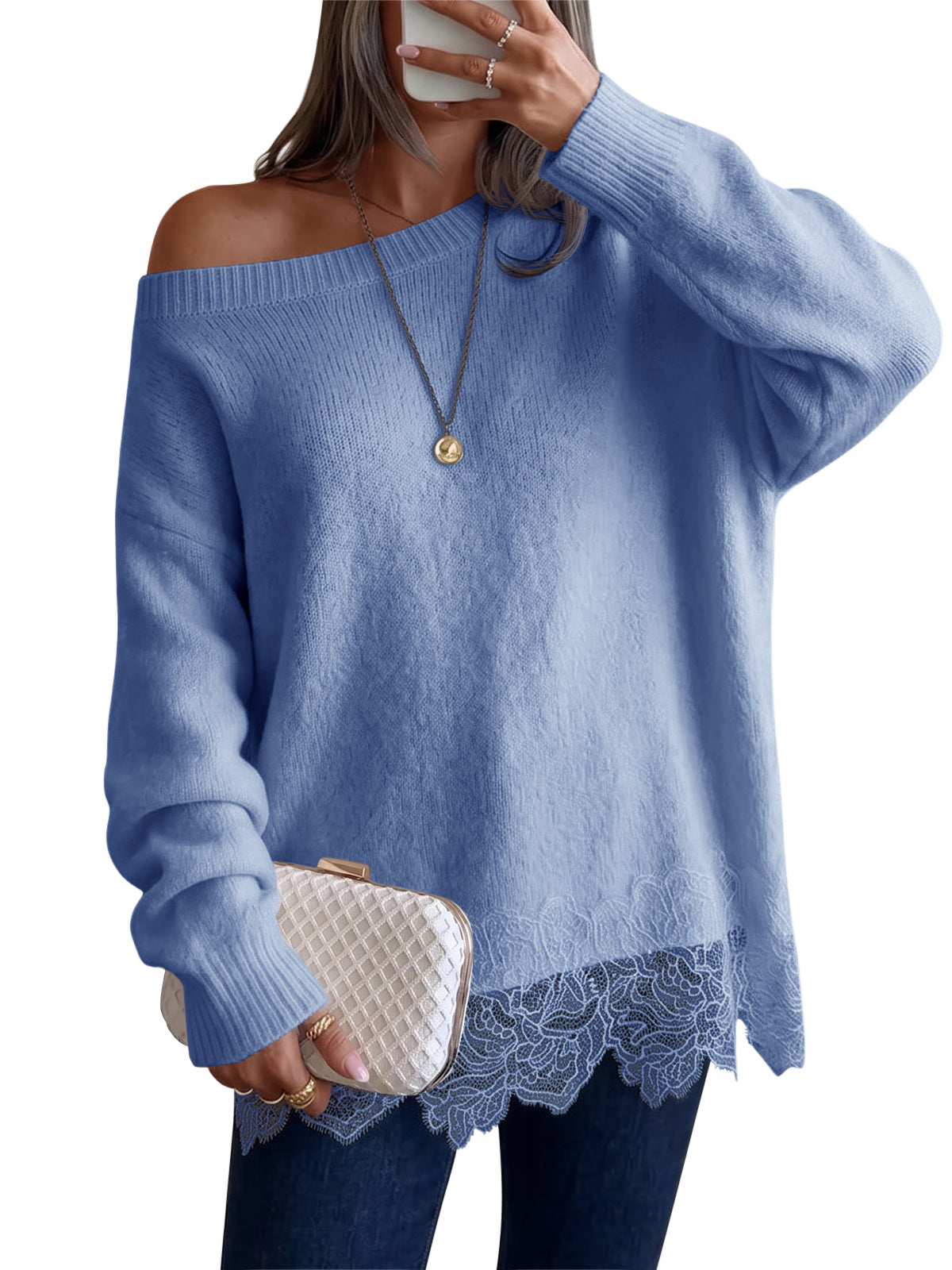 Saodimallsu Women Lace Patchwork Sweater