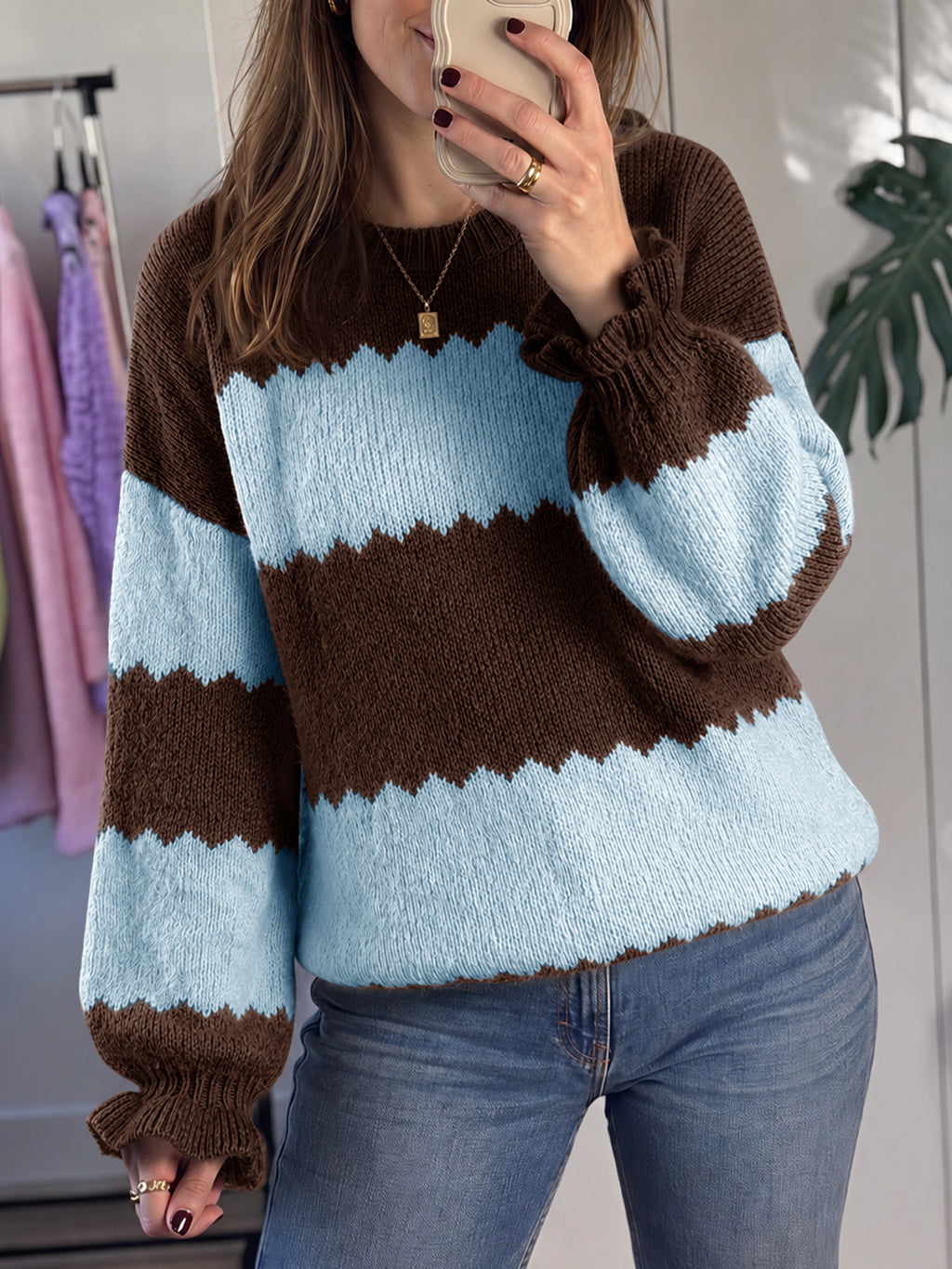 Saodimallsu Womens Striped Color Block Ruffle Sweaters