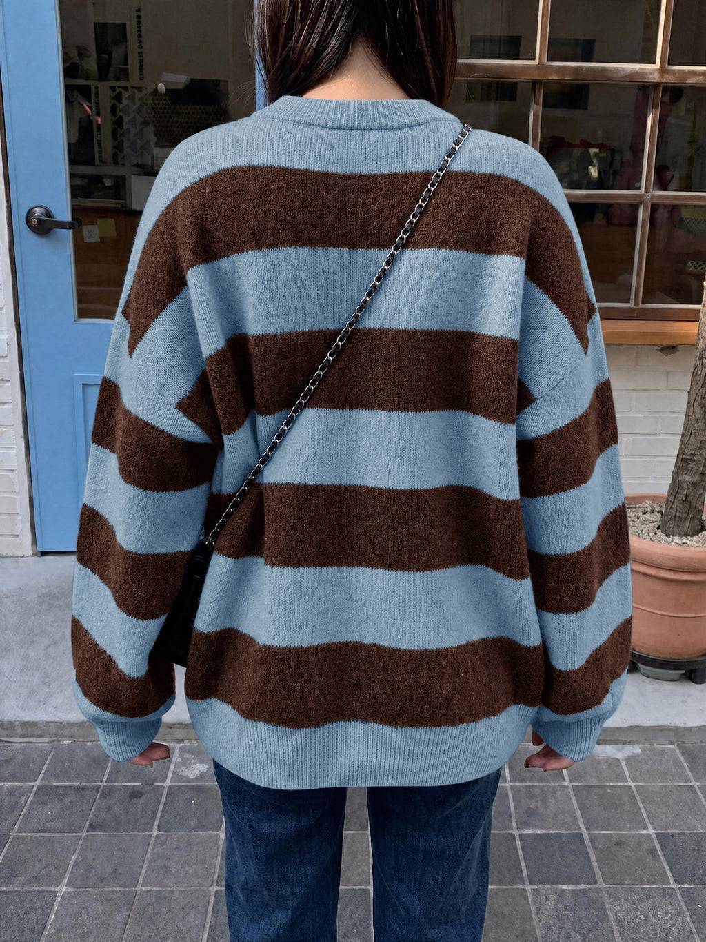 Saodimallsu Womens Oversized Striped Knit Block Sweaters