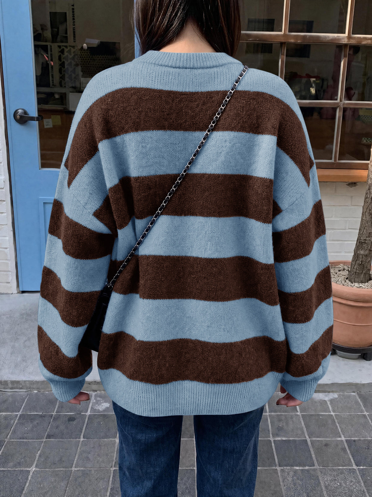 Saodimallsu Womens Oversized Striped Knit Block Sweaters