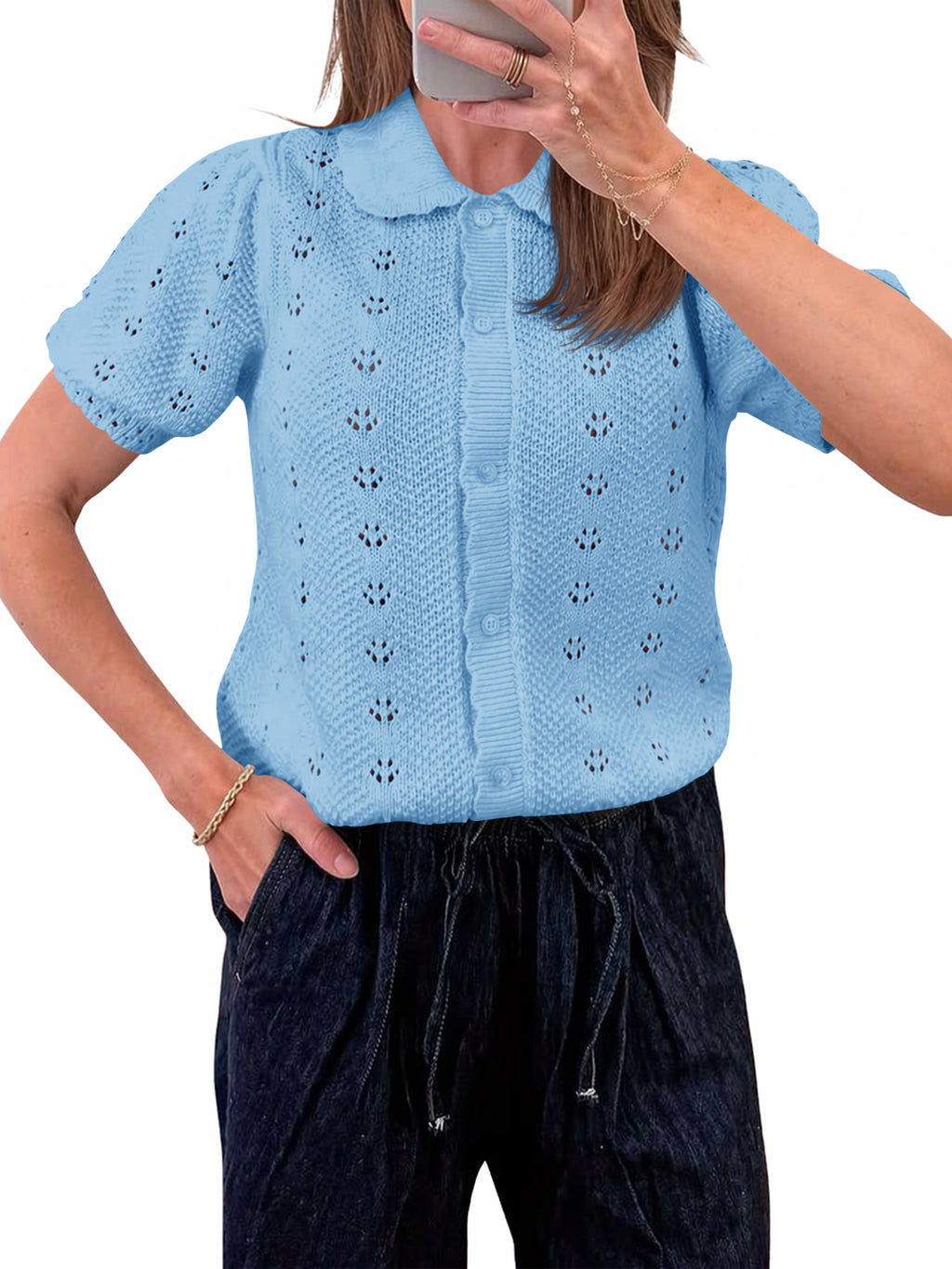 Saodimallsu Women Crochet Puff Sleeve Cardigan