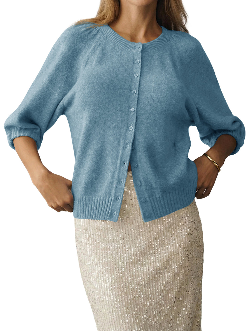 Saodimallsu Womens Puff Sleeve Knit Cardigan